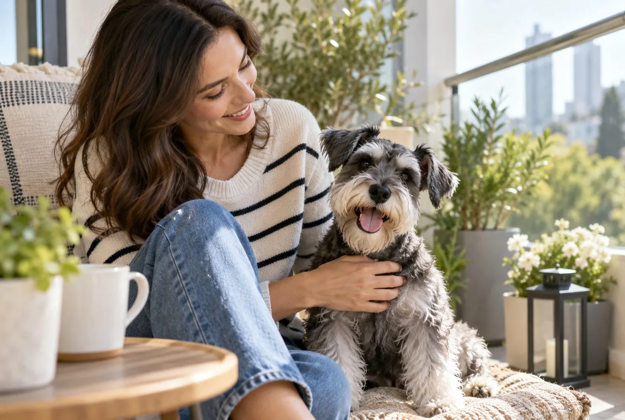 Woman sitting beside a gray bearded dog on a balcony